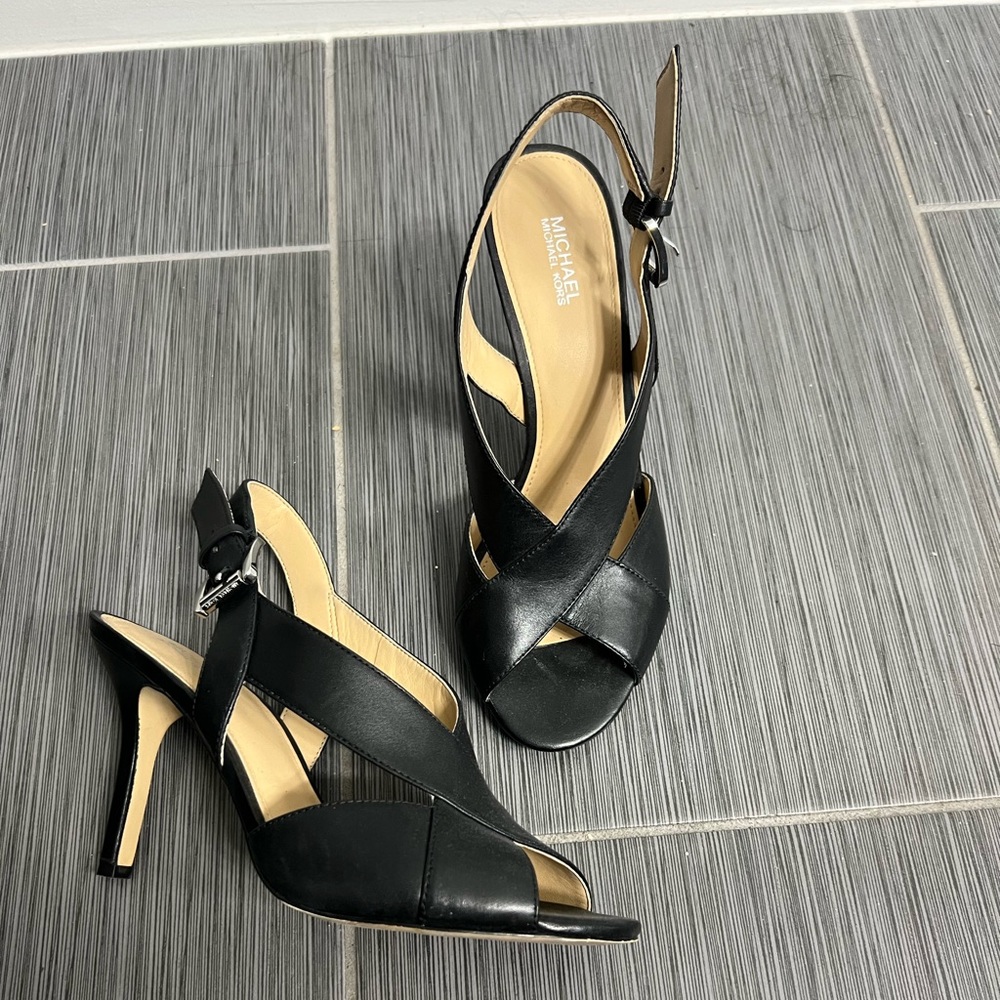 black MK strap heels